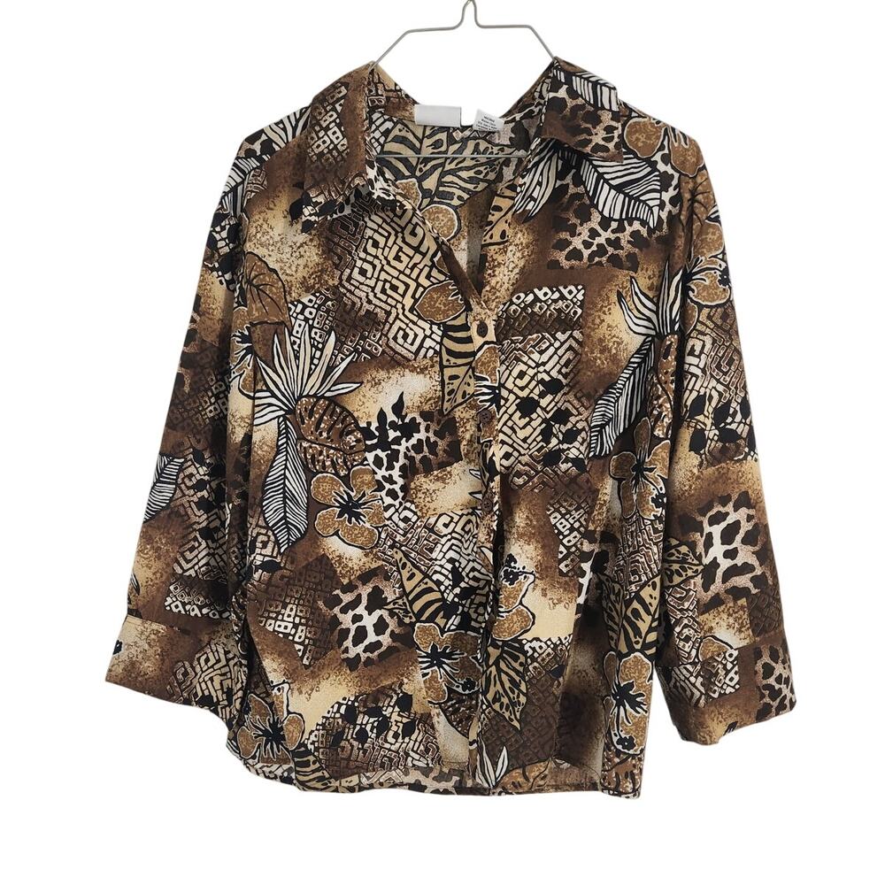 Kim Rogers Brown Safari 3/4 Sleeve Top Womens Size Large L